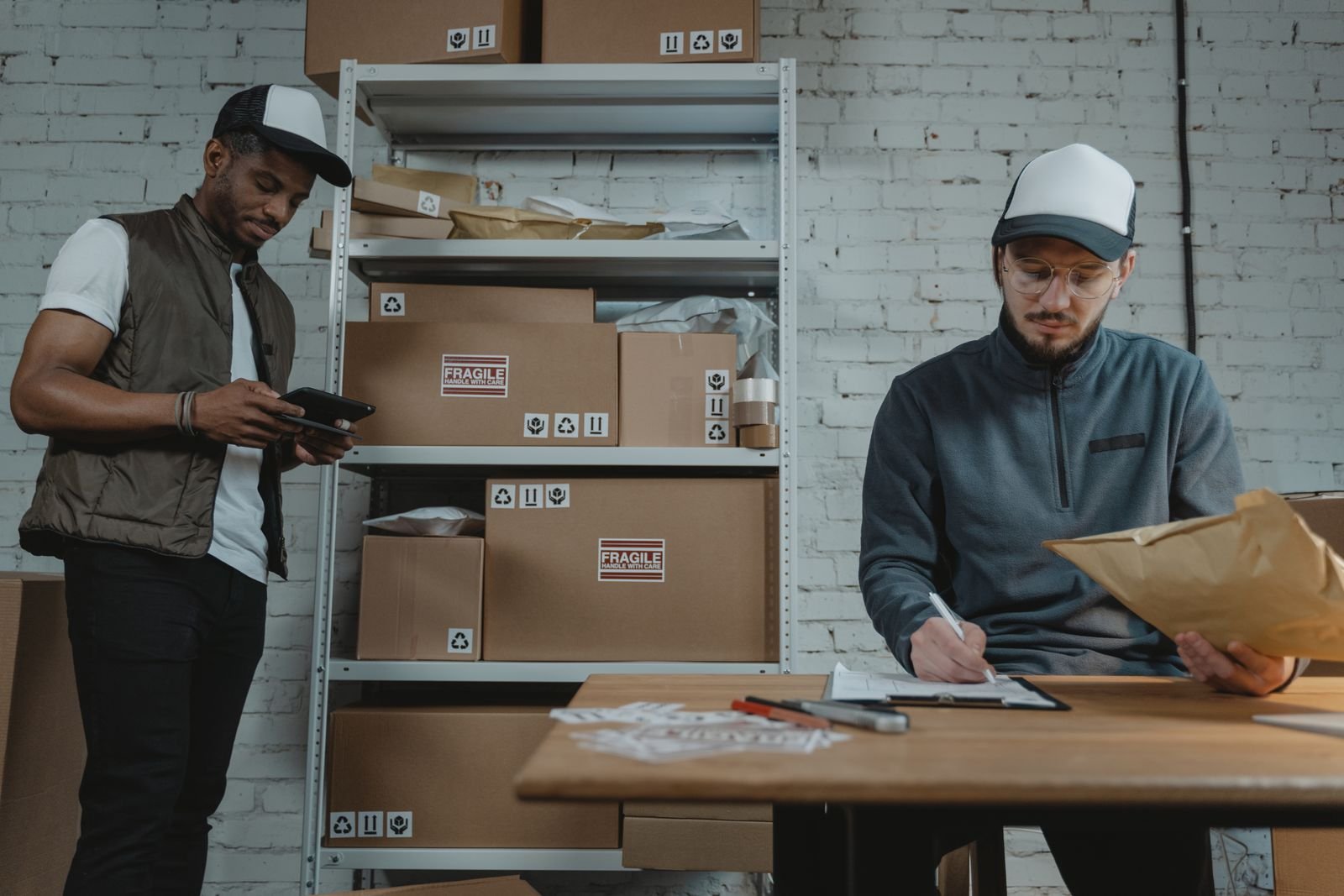 Two logistics staff checking parcels and paperwork at a despatch bench